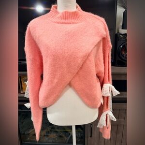 Women's Coral Pink Lace-Tie Crossover Sweater